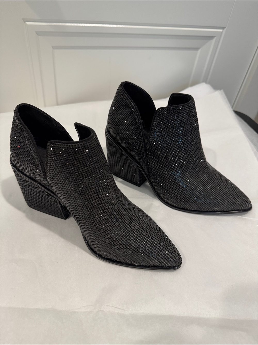 She is Chevalier Le Tigre Dynamite Black Glitter Pointed Ankle Booties